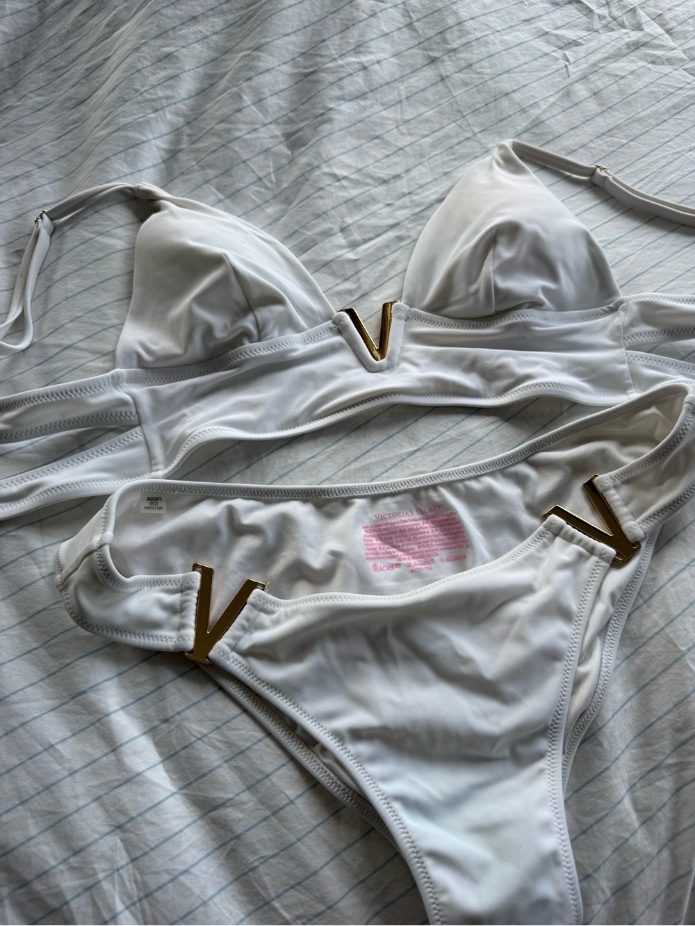 Victoria Secret White Bikini Set with Gold V Accents. Top & Bottom both medium